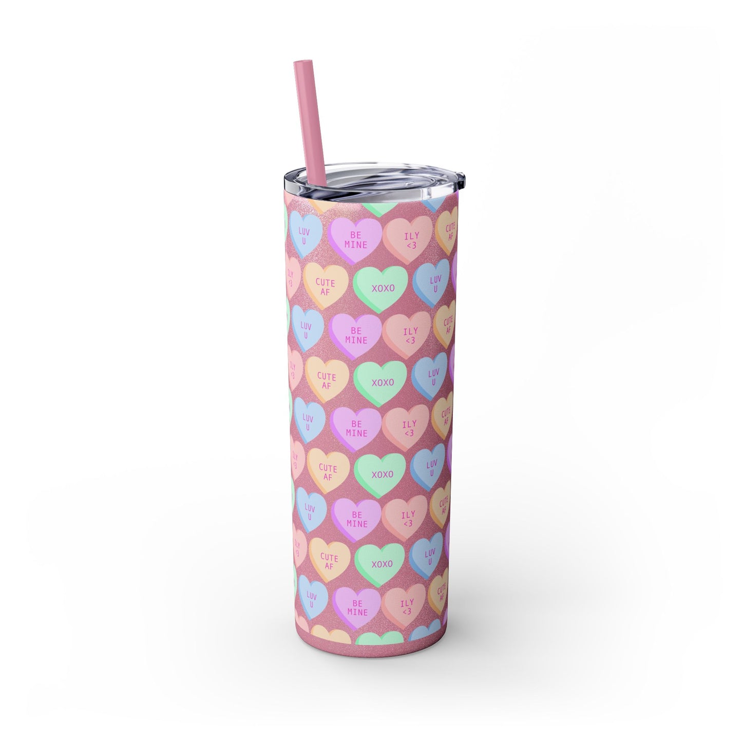 Pastel Candy Hearts Skinny Tumbler with Straw, 20oz