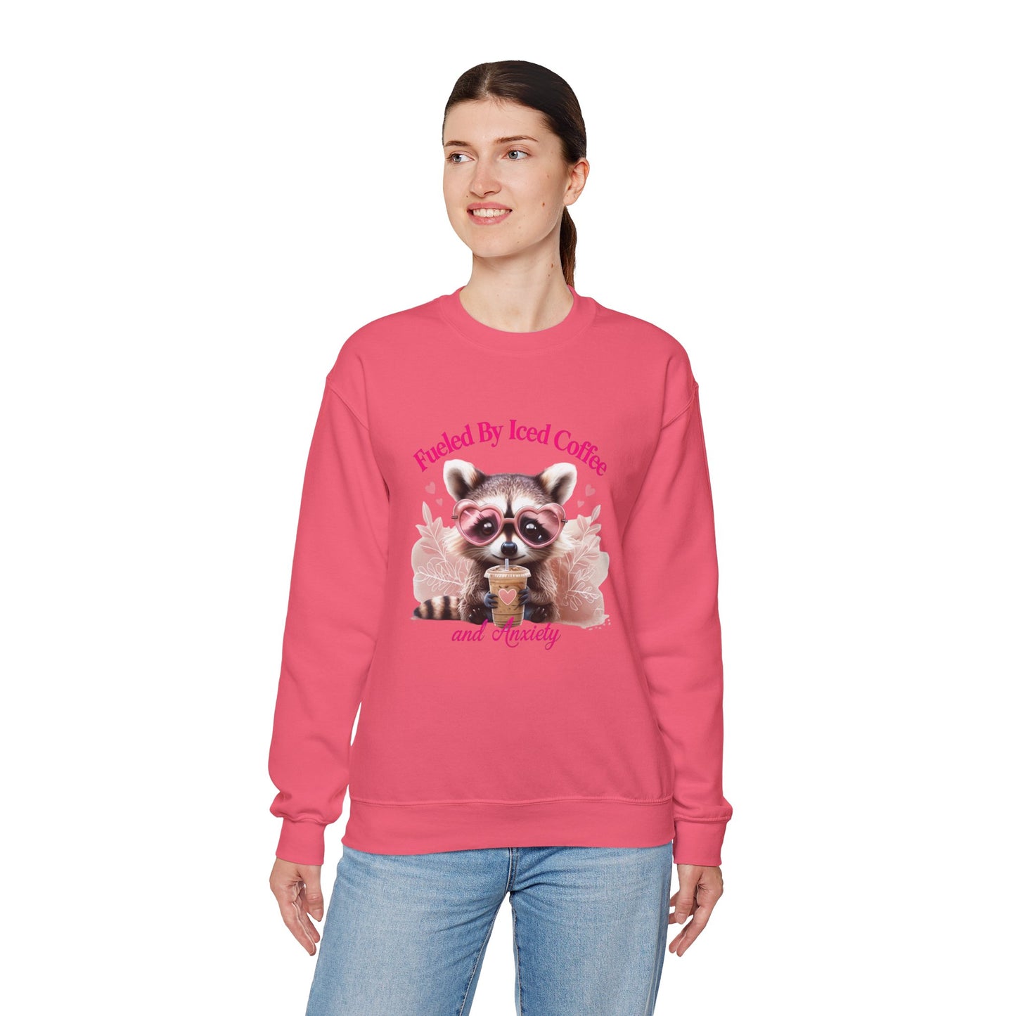 Fueled By Iced Coffee and Anxiety - Cute Raccoon Coffee Sweatshirt