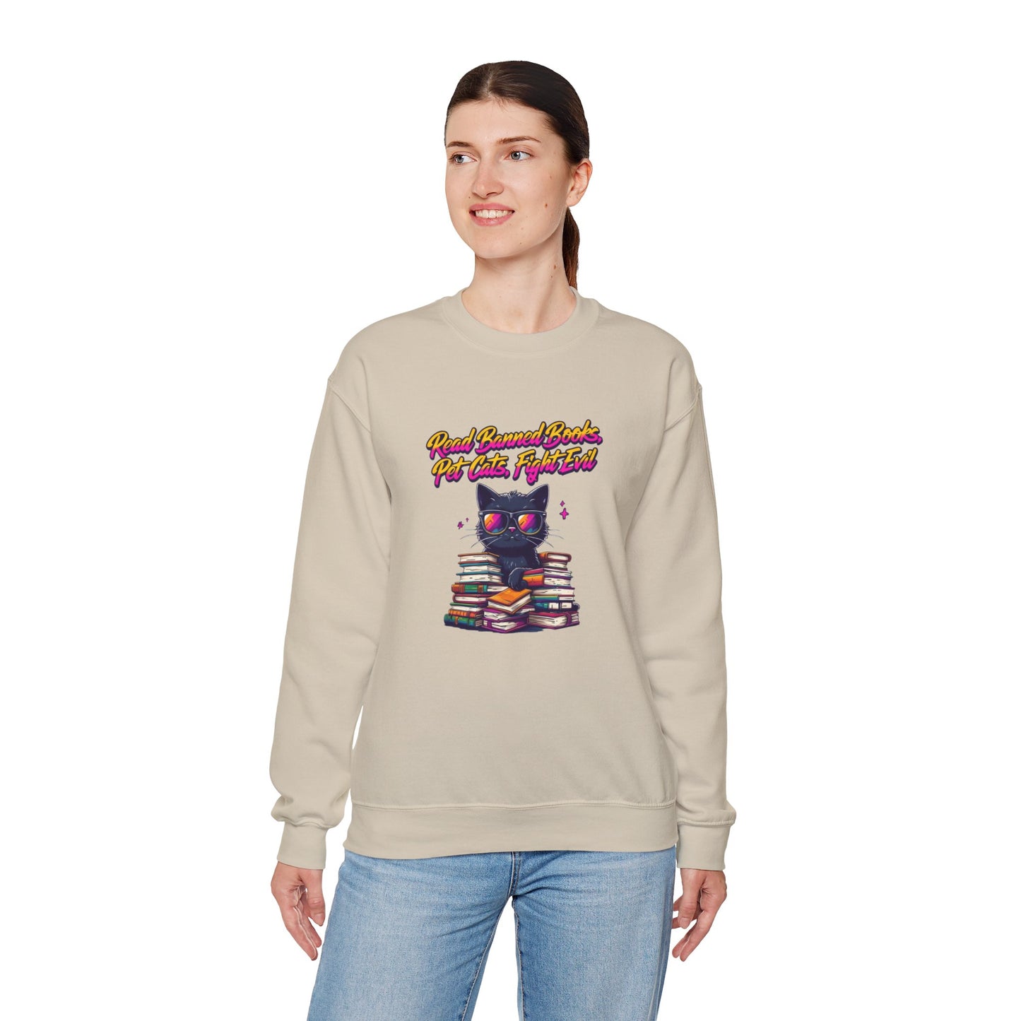 Read Banned Books, Pet Cats, Fight Evil Unisex Heavy Blend™ Crewneck Sweatshirt