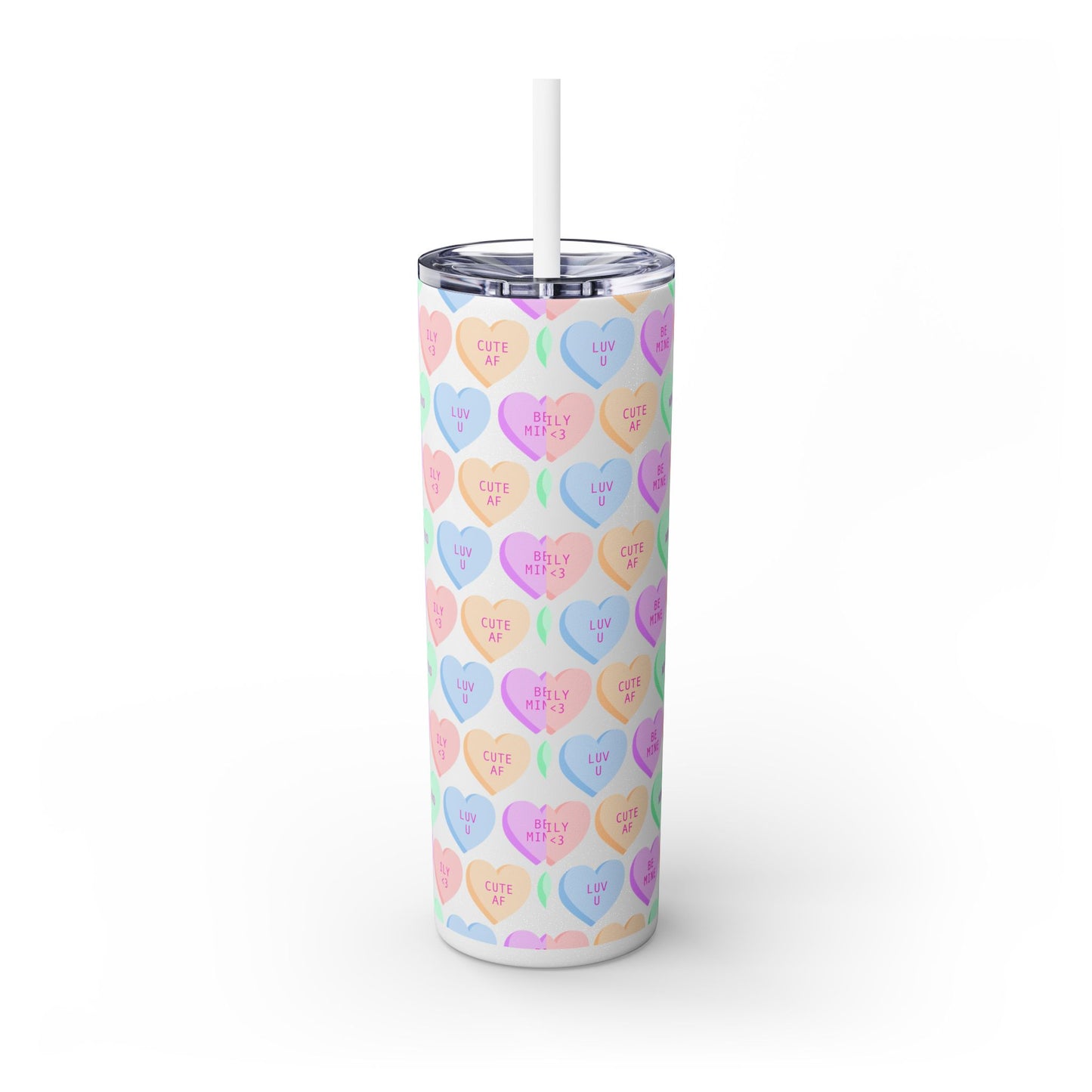 Pastel Candy Hearts Skinny Tumbler with Straw, 20oz