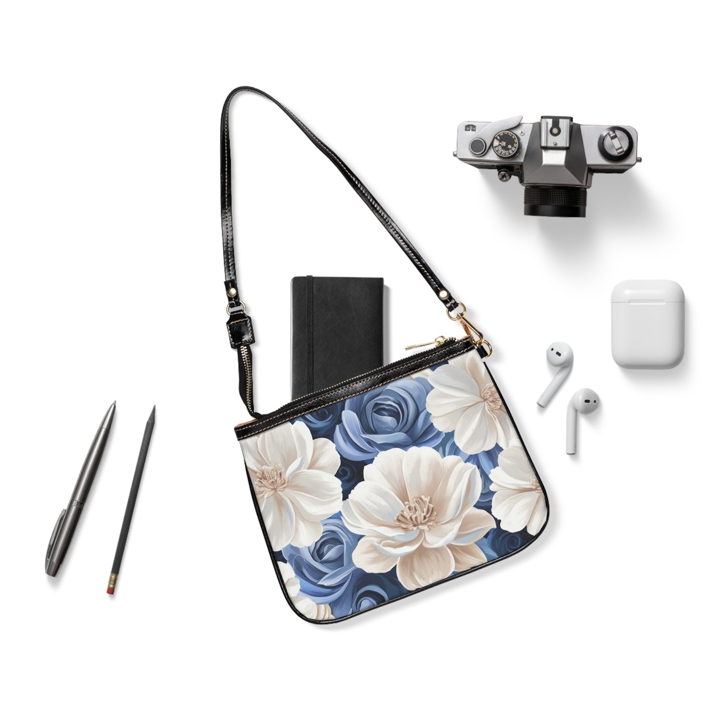 Painted Blue and White Flowers Small Shoulder Bag