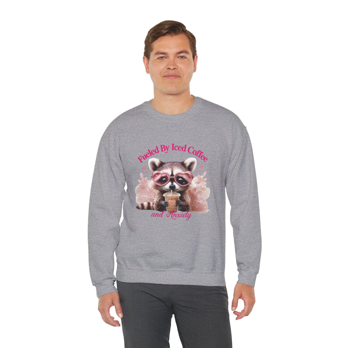 Fueled By Iced Coffee and Anxiety - Cute Raccoon Coffee Sweatshirt