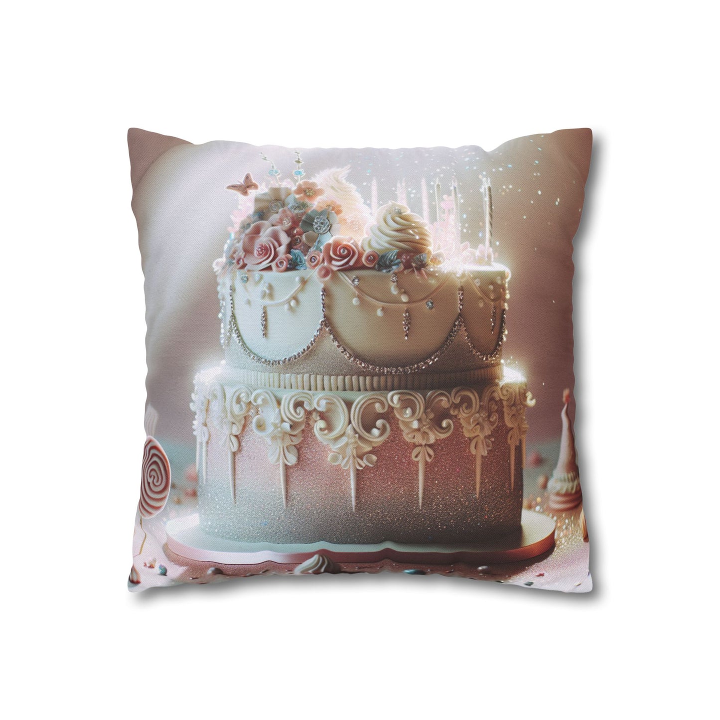 Glitter Birthday Cake Spun Polyester Square Pillowcase