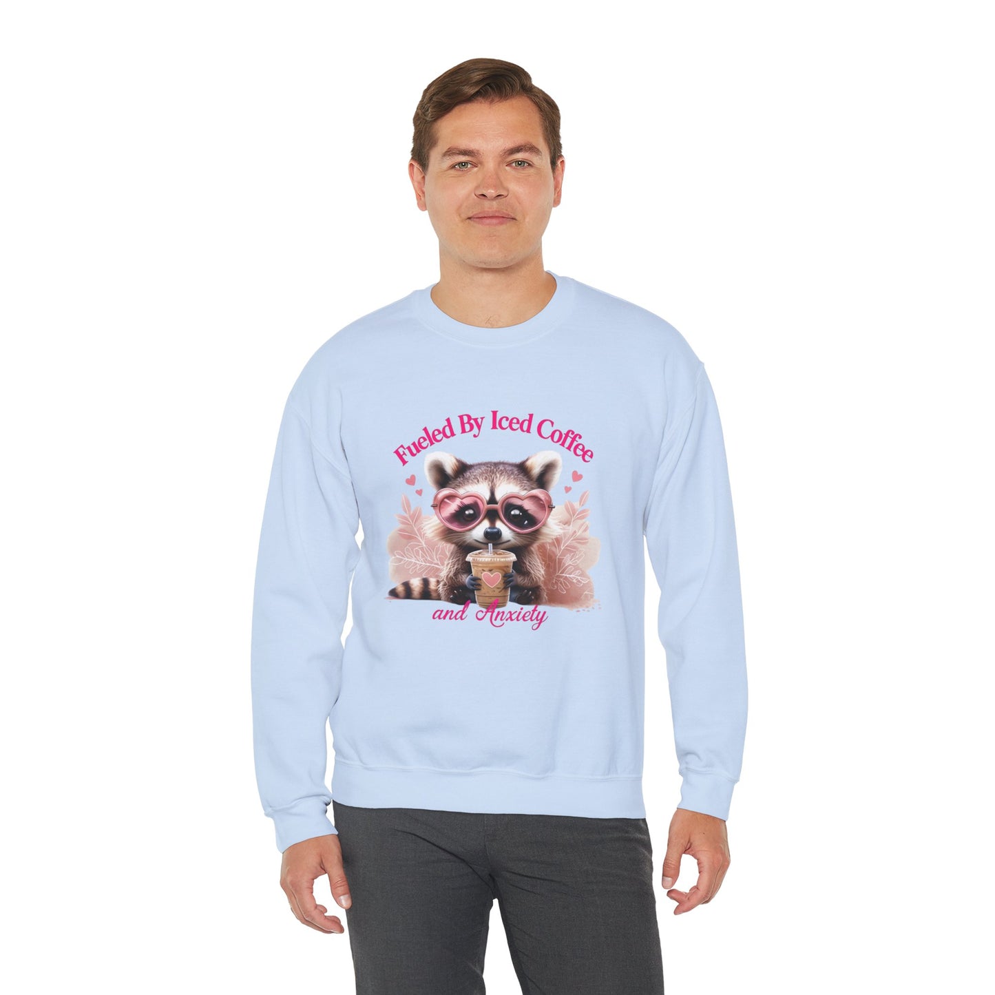 Fueled By Iced Coffee and Anxiety - Cute Raccoon Coffee Sweatshirt