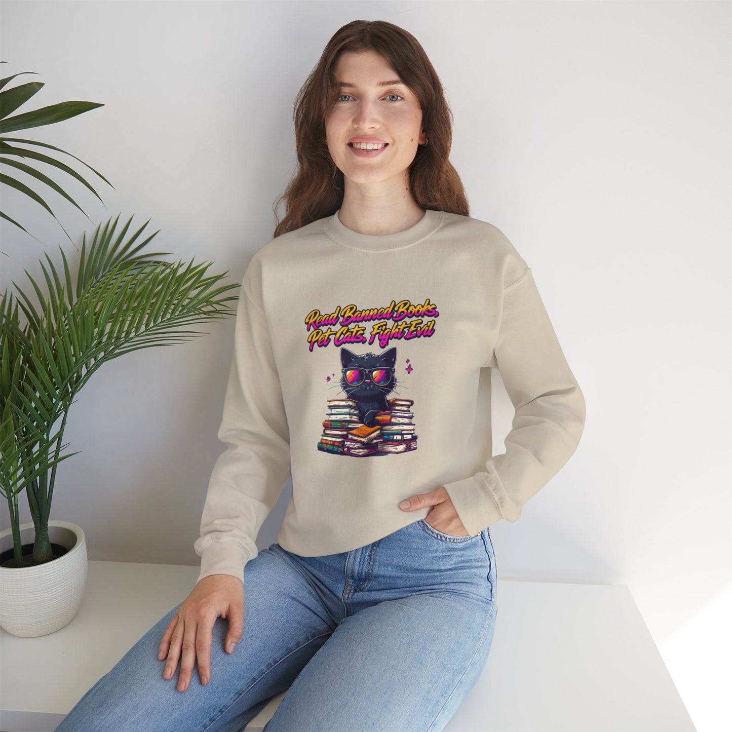 Read Banned Books, Pet Cats, Fight Evil Unisex Heavy Blend™ Crewneck Sweatshirt