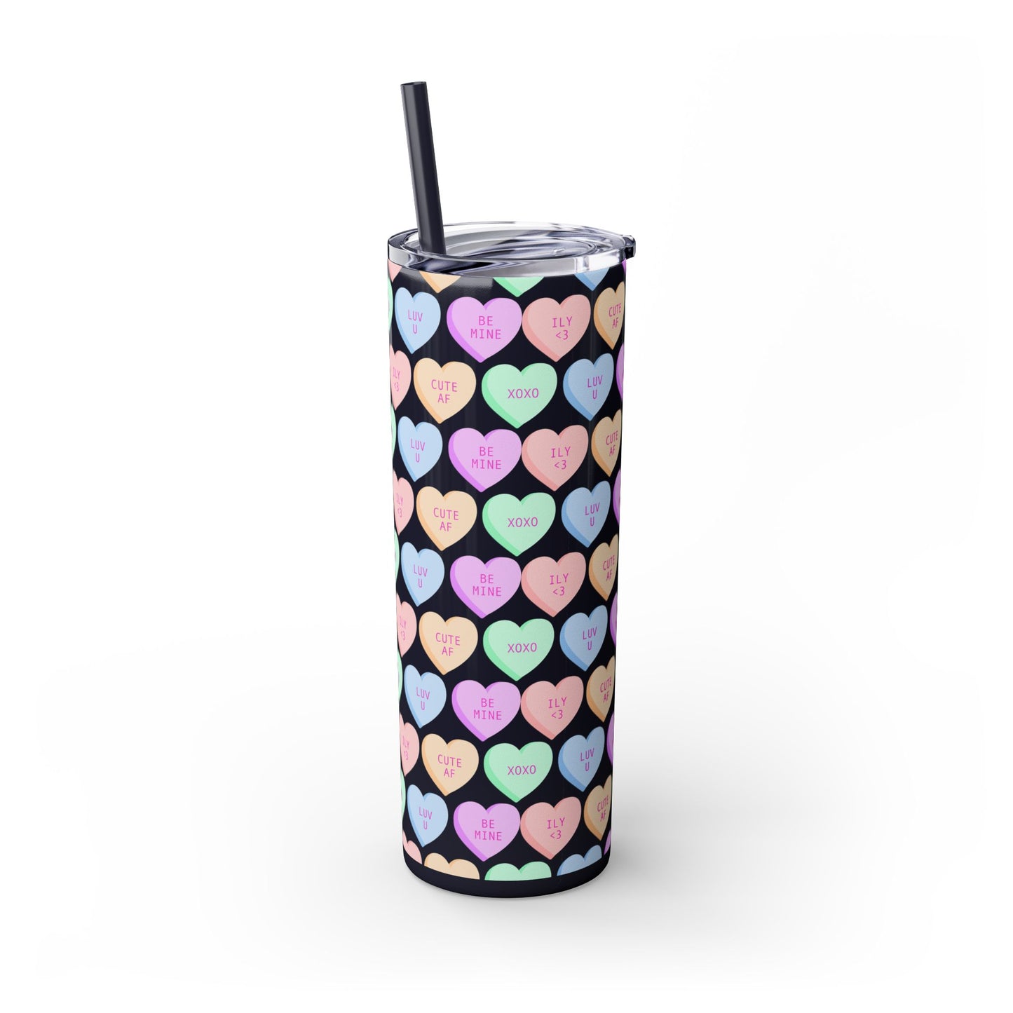 Pastel Candy Hearts Skinny Tumbler with Straw, 20oz