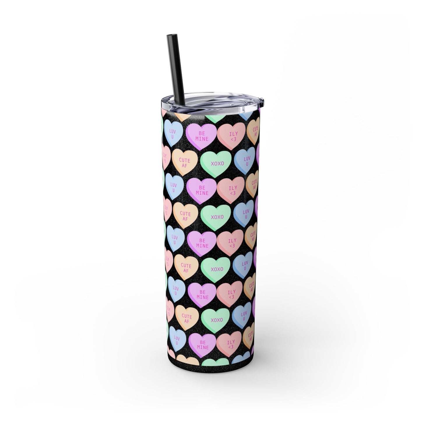 Pastel Candy Hearts Skinny Tumbler with Straw, 20oz