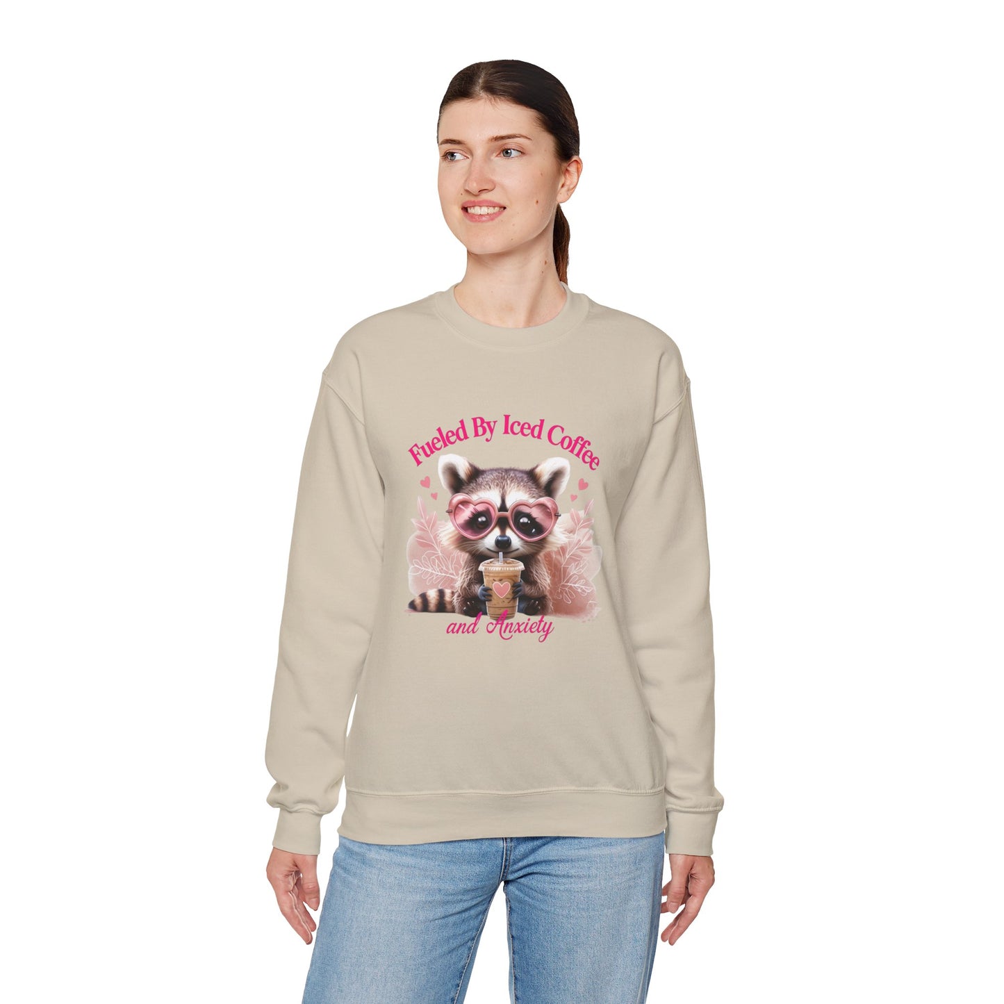 Fueled By Iced Coffee and Anxiety - Cute Raccoon Coffee Sweatshirt