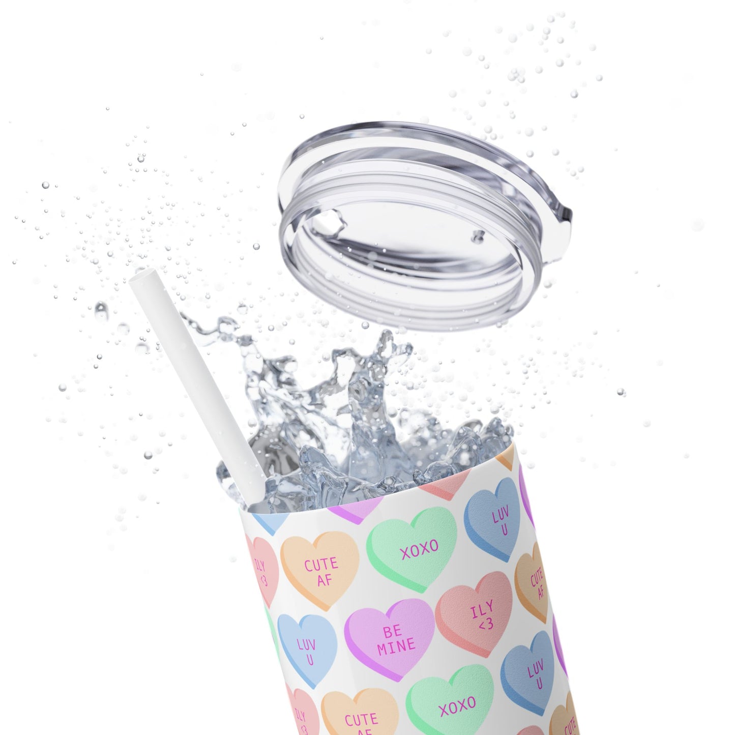 Pastel Candy Hearts Skinny Tumbler with Straw, 20oz