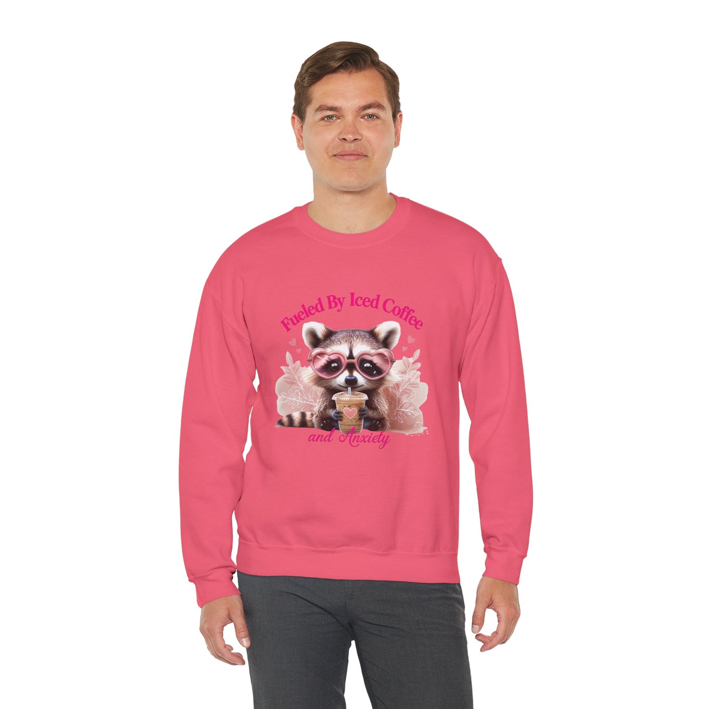 Fueled By Iced Coffee and Anxiety - Cute Raccoon Coffee Sweatshirt