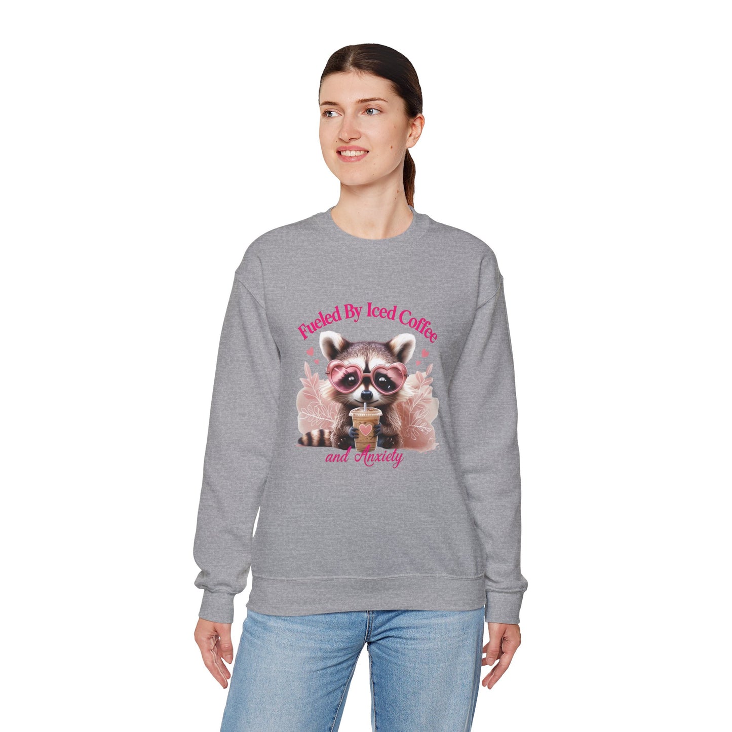 Fueled By Iced Coffee and Anxiety - Cute Raccoon Coffee Sweatshirt