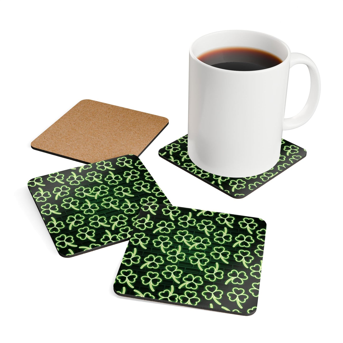 Neon Shamrock Corkwood Coaster Set