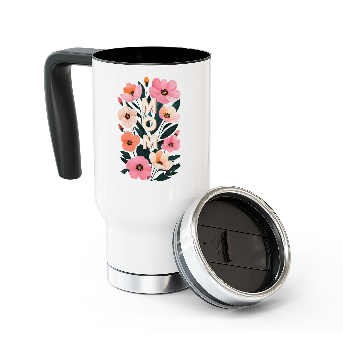 Mom in bloom Stainless Steel Travel Mug with Handle, 14oz