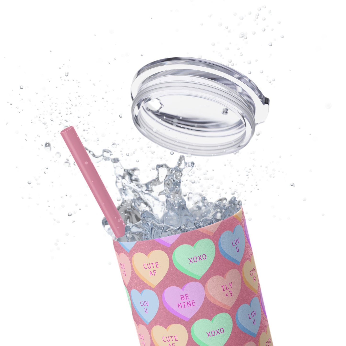 Pastel Candy Hearts Skinny Tumbler with Straw, 20oz