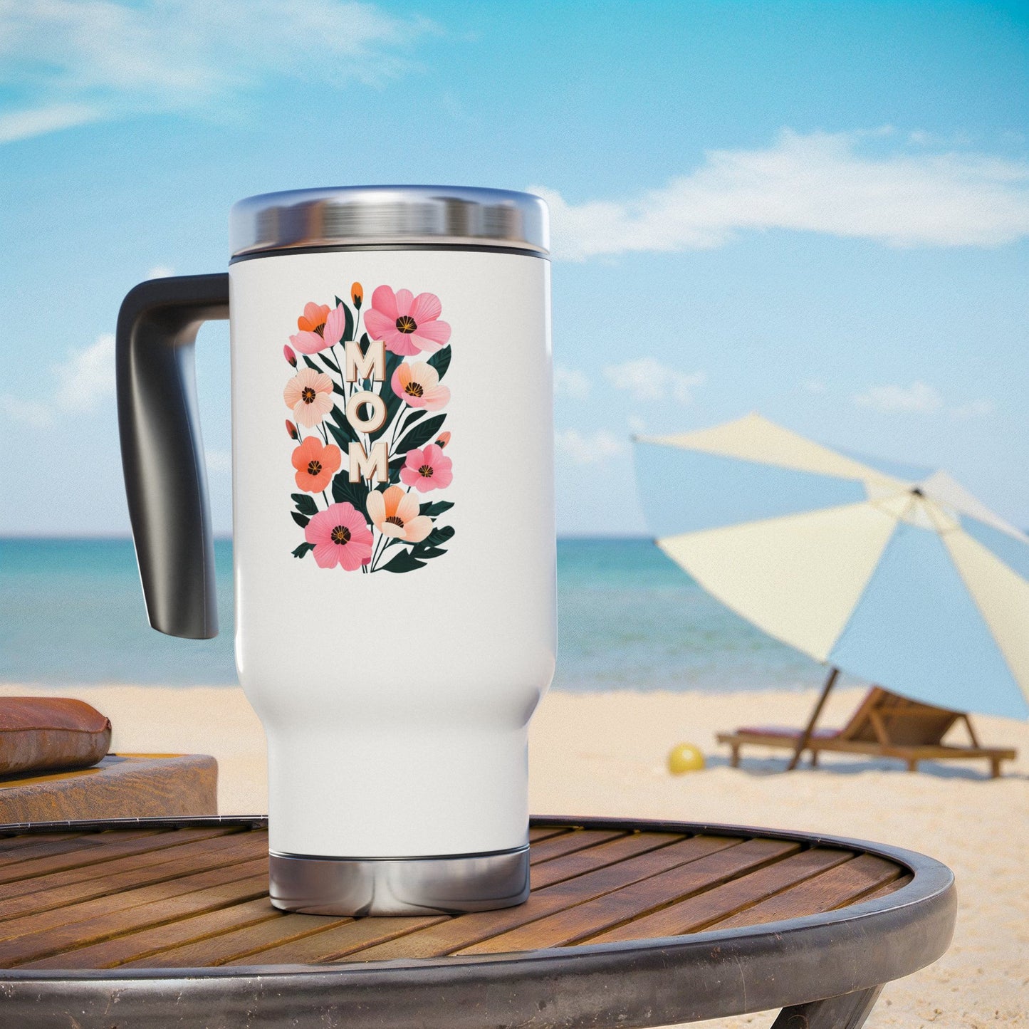 Mom in bloom Stainless Steel Travel Mug with Handle, 14oz