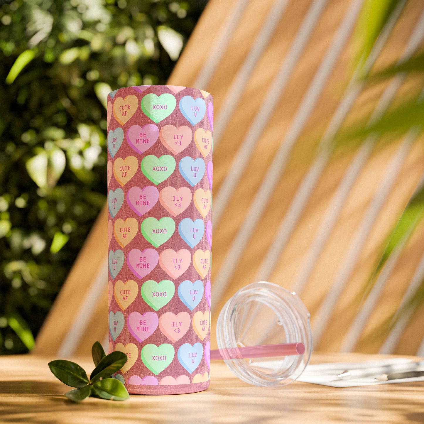 Pastel Candy Hearts Skinny Tumbler with Straw, 20oz