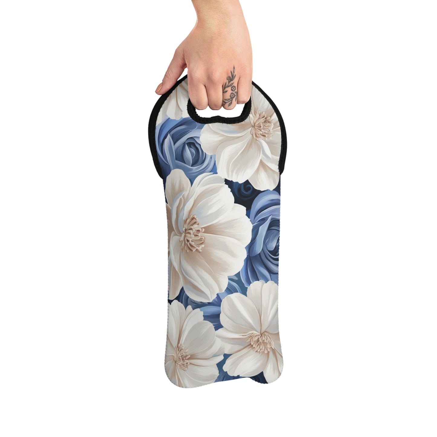 Painted Blue and White Flowers Wine Tote Bag