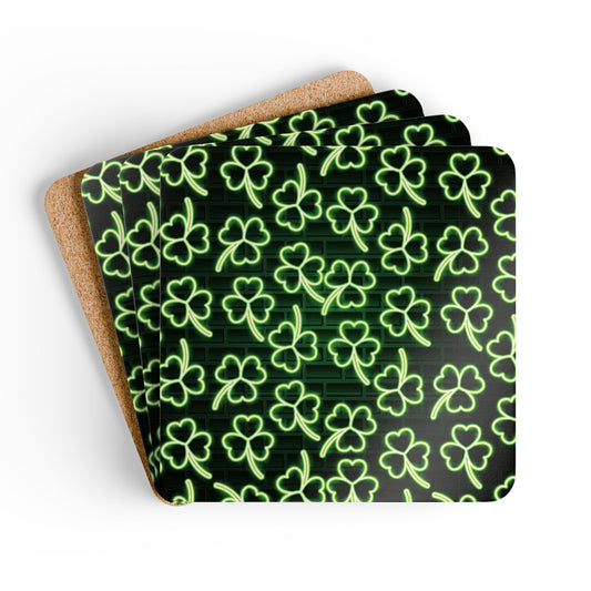 Neon Shamrock Corkwood Coaster Set