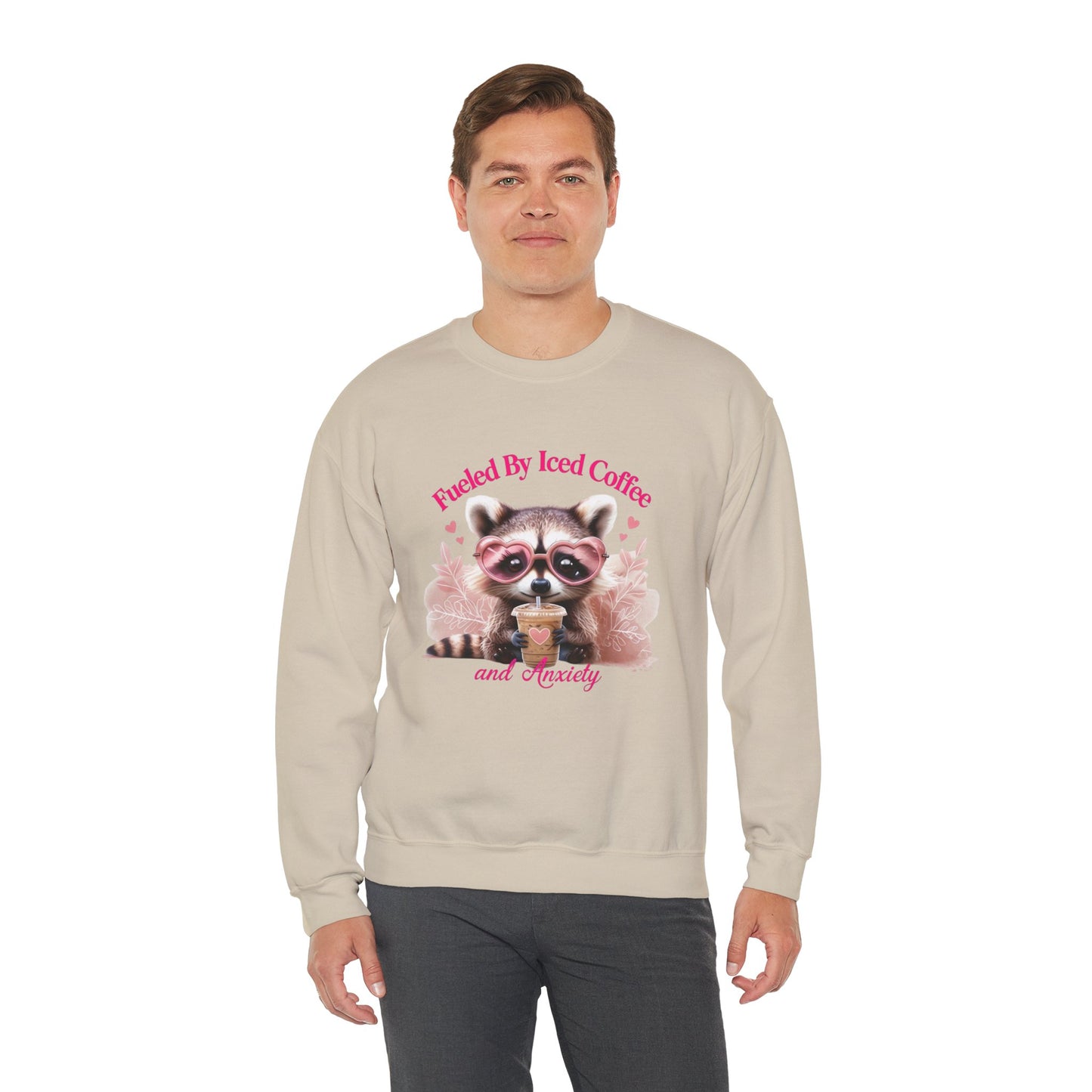 Fueled By Iced Coffee and Anxiety - Cute Raccoon Coffee Sweatshirt