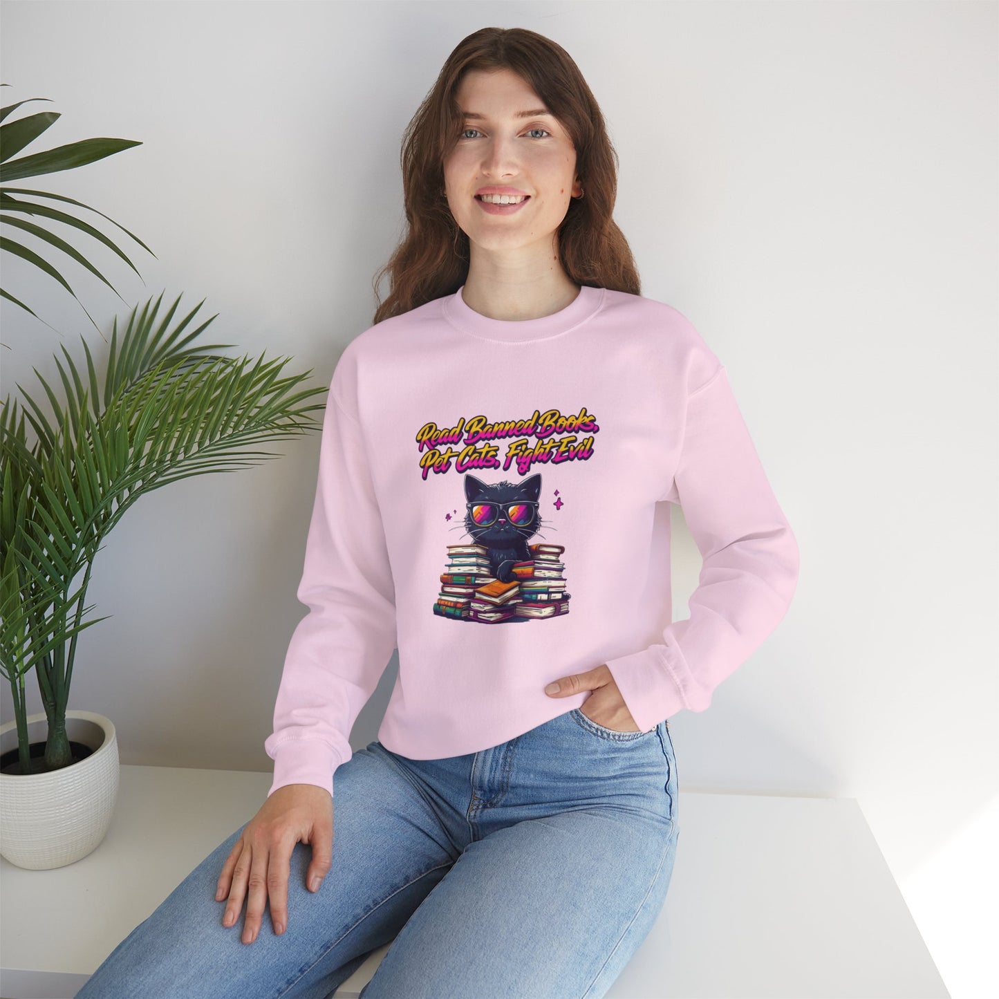 Read Banned Books, Pet Cats, Fight Evil Unisex Heavy Blend™ Crewneck Sweatshirt