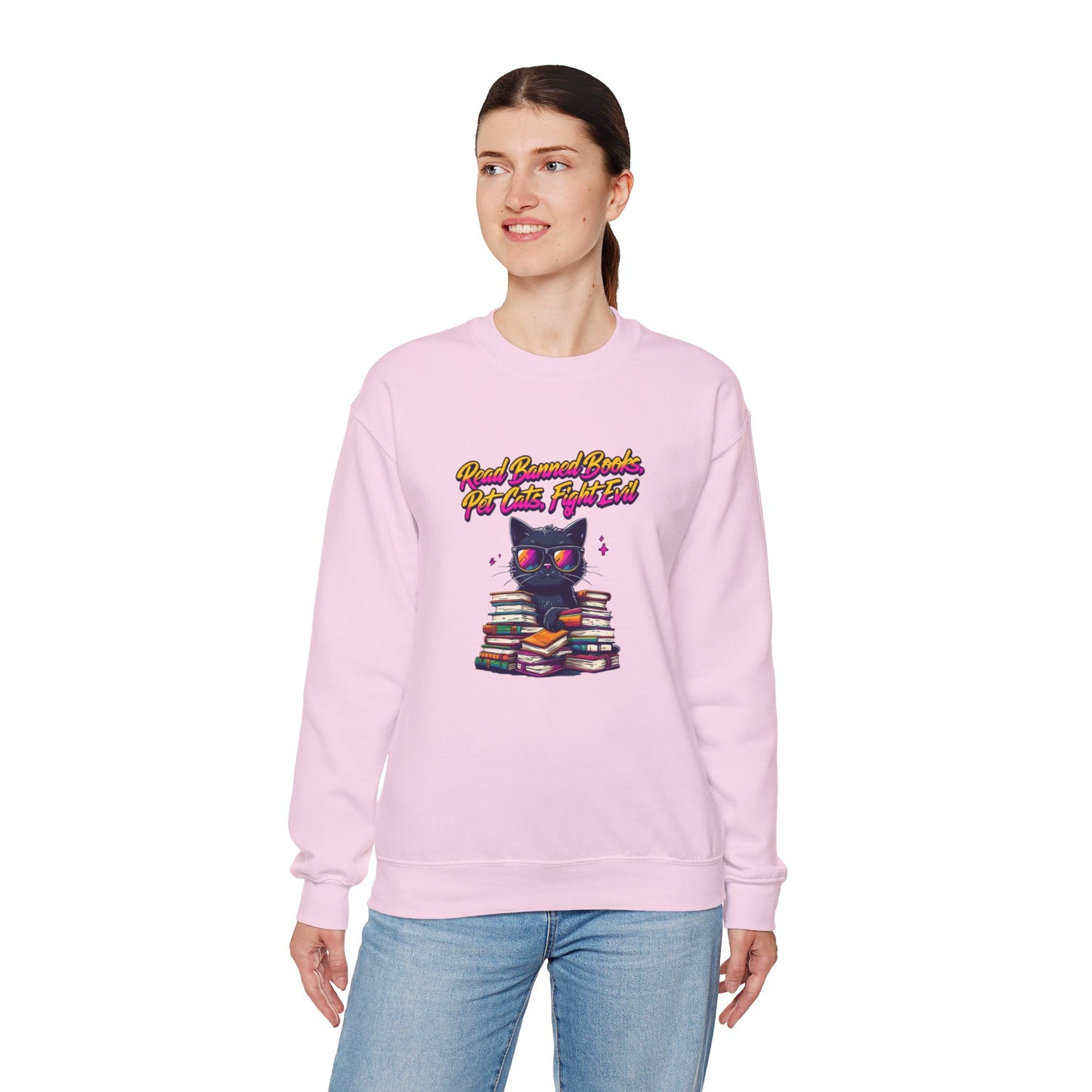 Read Banned Books, Pet Cats, Fight Evil Unisex Heavy Blend™ Crewneck Sweatshirt