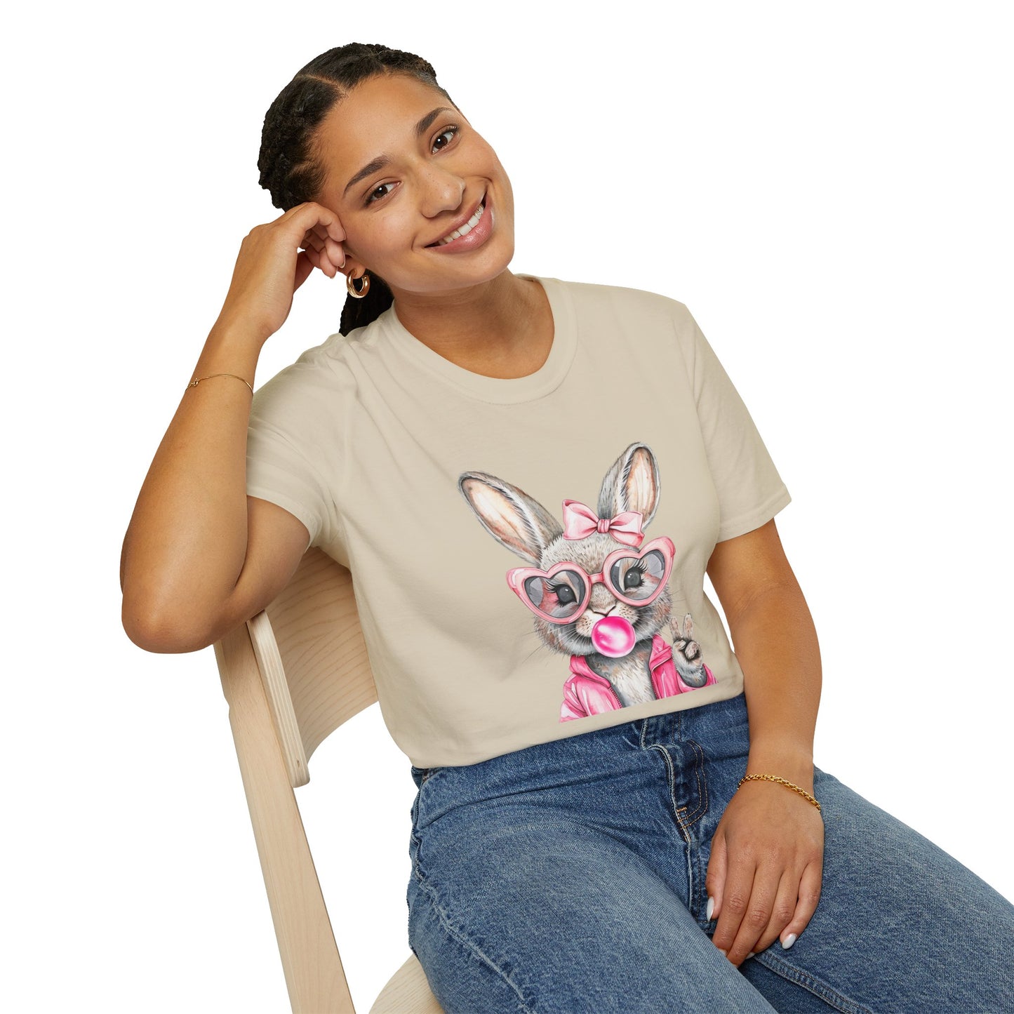 Bubble Gum Bunny - Cute Unisex Softstyle T-Shirt for Spring Celebrations