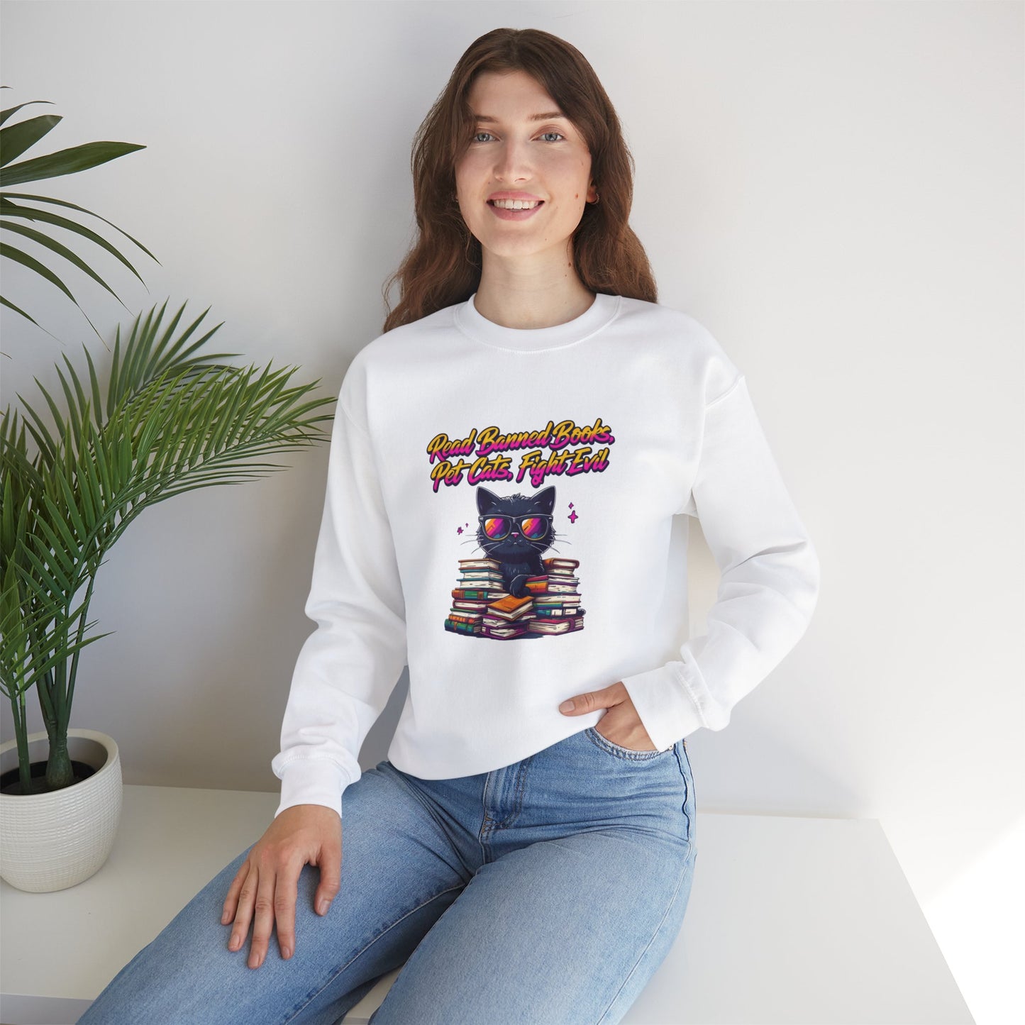 Read Banned Books, Pet Cats, Fight Evil Unisex Heavy Blend™ Crewneck Sweatshirt